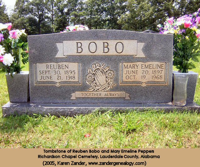 Tombstone of Reuben Bobo and Emma Peppers