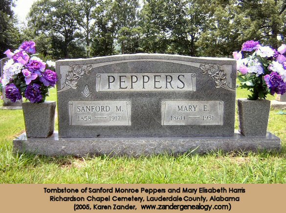 Tombstone of Sanford Peppers and Mary Harris