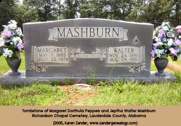 Tombstone of Walter Mashburn and Margaret Peppers